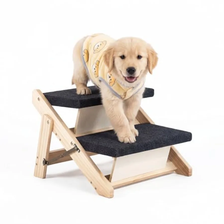 

Wood pet stairs ramp for small/medium dogs and cats, aging pets 2-in-1 foldable portable non-slip ladder in natural wood color,