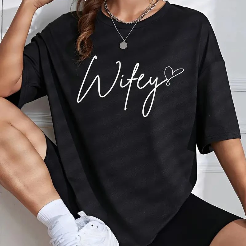

Wifey Letter Print Cotton T-shirt Short Sleeve Crew Neck Casual Top For Summer & Spring Women's Clothing