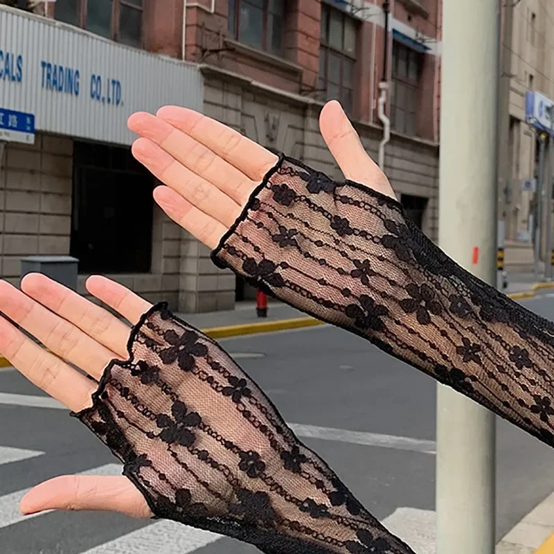 New Long Lace Hollow-Out Fingerless Gloves Sun Protection Sleeves Sexy Mesh Flower Thin Cycling Anime Fishnet Costume Gloves