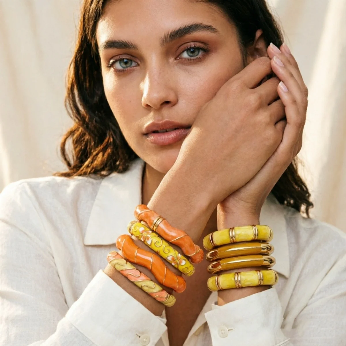Modische Gelbe Emaille-Manschettenarmbänder für Damen und Herren, Retro-Stil mit Ast-, Wellen-, Stern-, Blatt-, Blumen- und Bambus-Motiven, Armschmuck – Detail 24