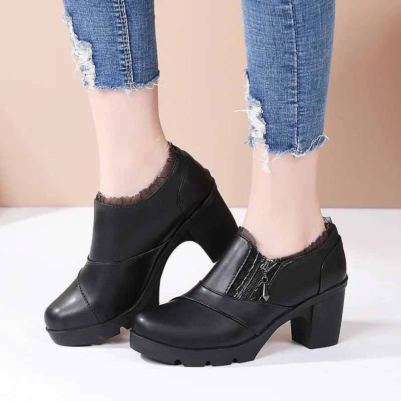 Women Genuine Leather Shoes Woman High Heel Square Heel Shoes Black Women's Pumps Female Shoes High Heels Classics Casual image 5