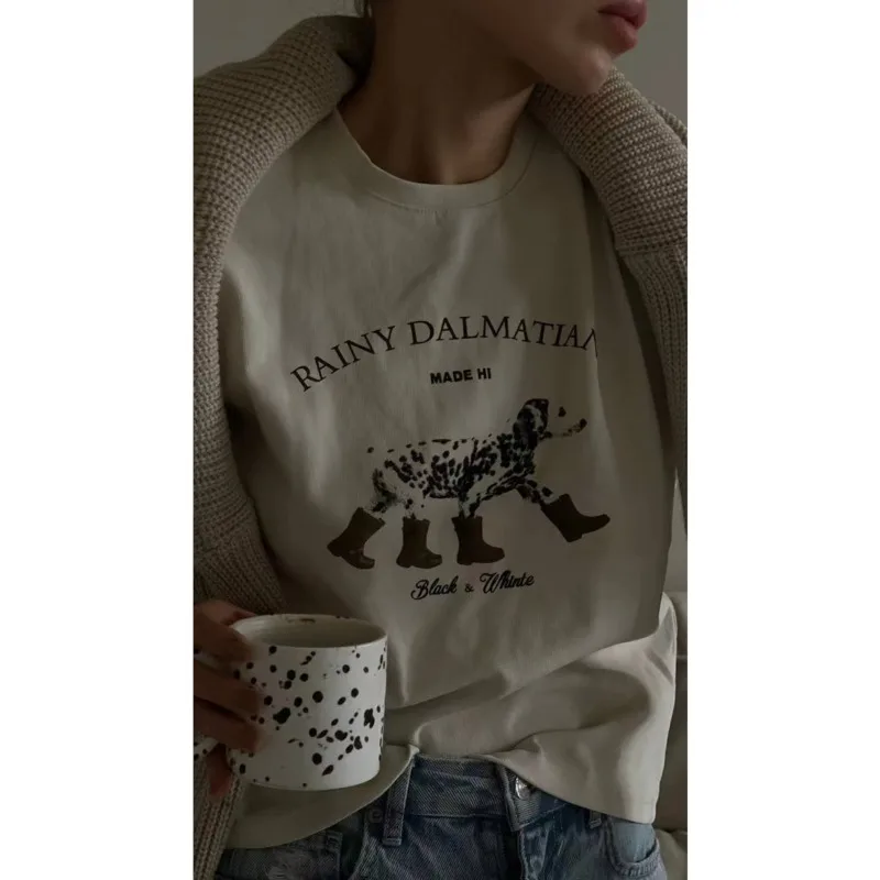 CALYMIX 2025 Korean Cartoon Letter Printing Short Sleeve T-shirt Women's Spring Summer Loose Slim Round Neck Bottom Shirt Top