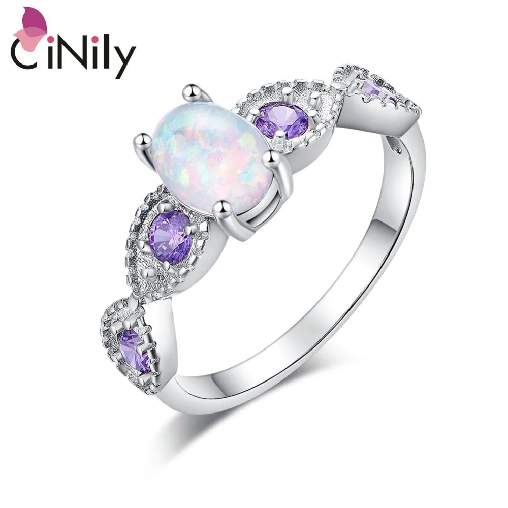 CiNily White Fire Opal Oval Stone Rings Silver Plated Lilac Purple Zirconia Crystal Engagement Wedding Fully-jewelled BOHO Woman