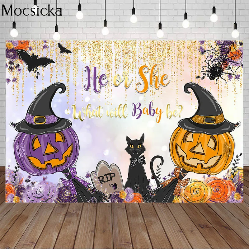 

Gender Reveal Party Backdrop Halloween Pumpkin Lantern He Or She What Will Baby Be Background Newborn Birthday Photo Booth Decor