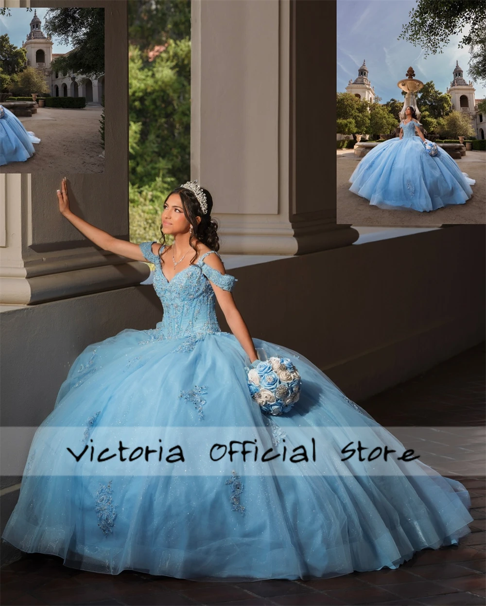 Blaue Spitze Applikation von der Schulter 15 Kleid Quince anera 2024 Prinzessin Ballkleid Quitte Kleid formelle Anlass Kleid süß 16