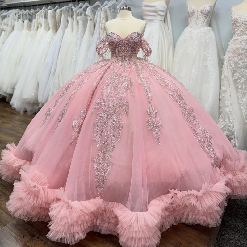 

Light Pink Shiny Ball Gown Quinceanera Dresses Sequin Applique Lace Beading Crystal Tiered Tull Corset Off The Shoulder Sweet 16