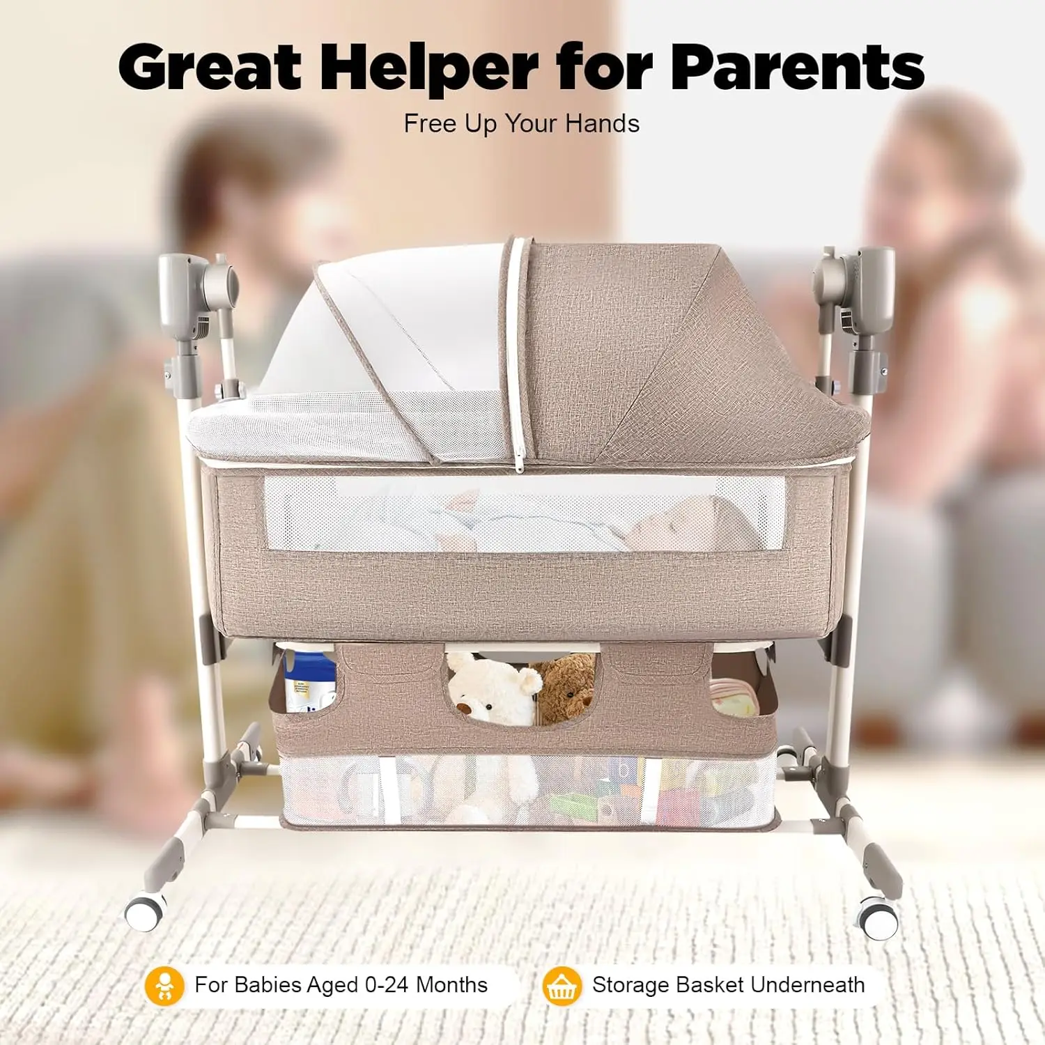 Berço Elétrico Inteligente para Bebês com Música, Berço Automático com 3 Velocidades de Temporização e 5 Velocidades de Oscilação, Cama Portátil para Bebês com Altura Ajustável, com Redes e Colchões