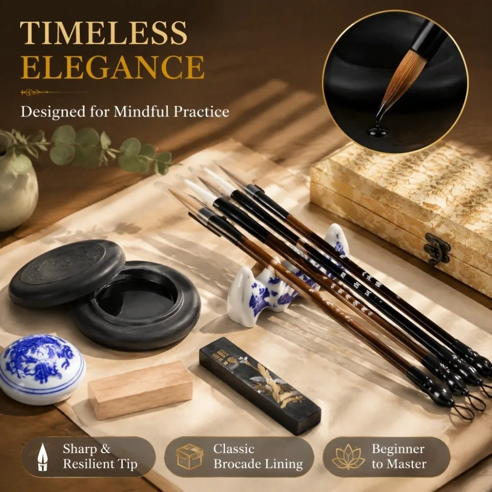 11 pcs Brush Pen Chinese Calligraphy Set Ink Stick Inkstone Traditional Brush Pen Set Traditional Design Silk Brocade Box