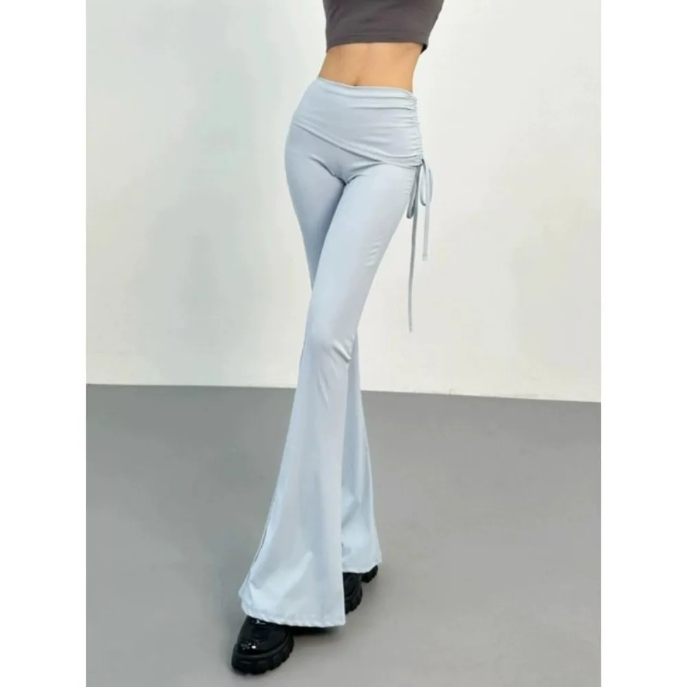 Pleated Lanyards Skinny Yoga Pants Women's，Splicing Micro Flared Sweatpants，Invisible Open Crotch Outdoor Sex，High Waist Exotic