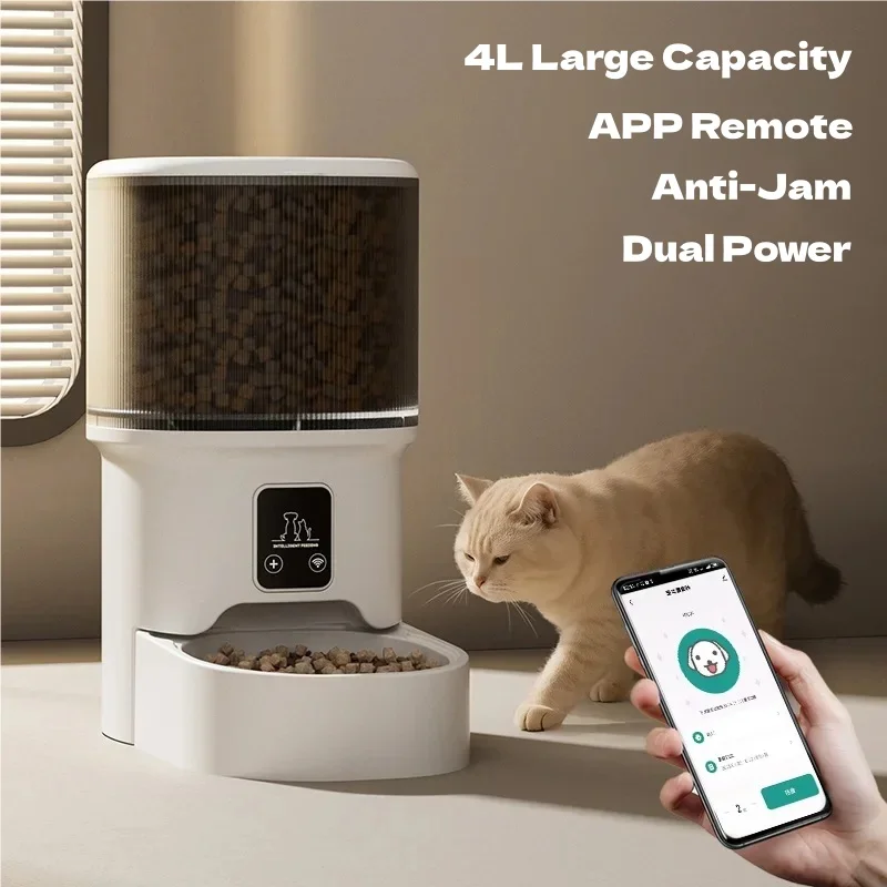 4L WiFi Smart Automatic Pet Feeder, APP Remote Control Timed Quantitative Anti-Jam Cat Dog Food Dispenser for Travel Office