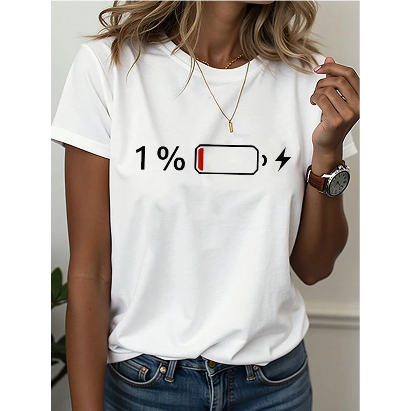 Graphic Casual 1% Battery Print T-Shirt Women Spring Summer Short Sleeve T Shirt Women's Korean Style Tshirt Tops Tees Clothes