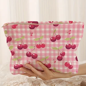 Pink Plaid Cherry Print Zipper Storage Pouch Multifunctional Cosmetic Bag Portable Makeup Organizer Purse For Daily Travel
