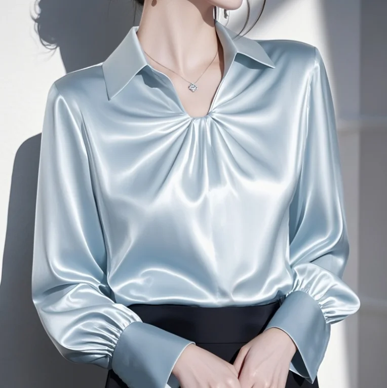 

Satin Shirt for Women French Pleated Long Sleeve Professional Pullover Shirts Temperament Commuting Spring Women's Loose Blouses