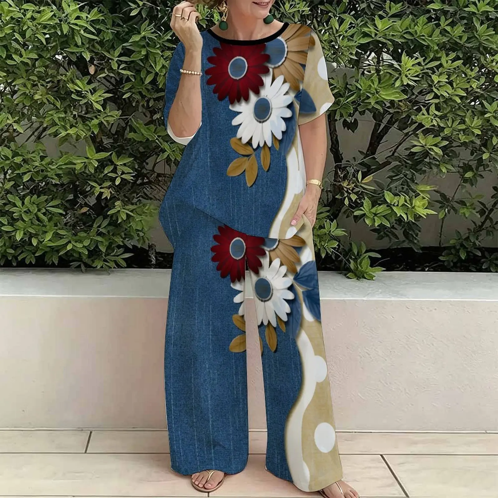 Plus Size Women Casual Print Two Piece Set Round Neck Everyday Commuting Clothes Beach Vacation Sweatpants