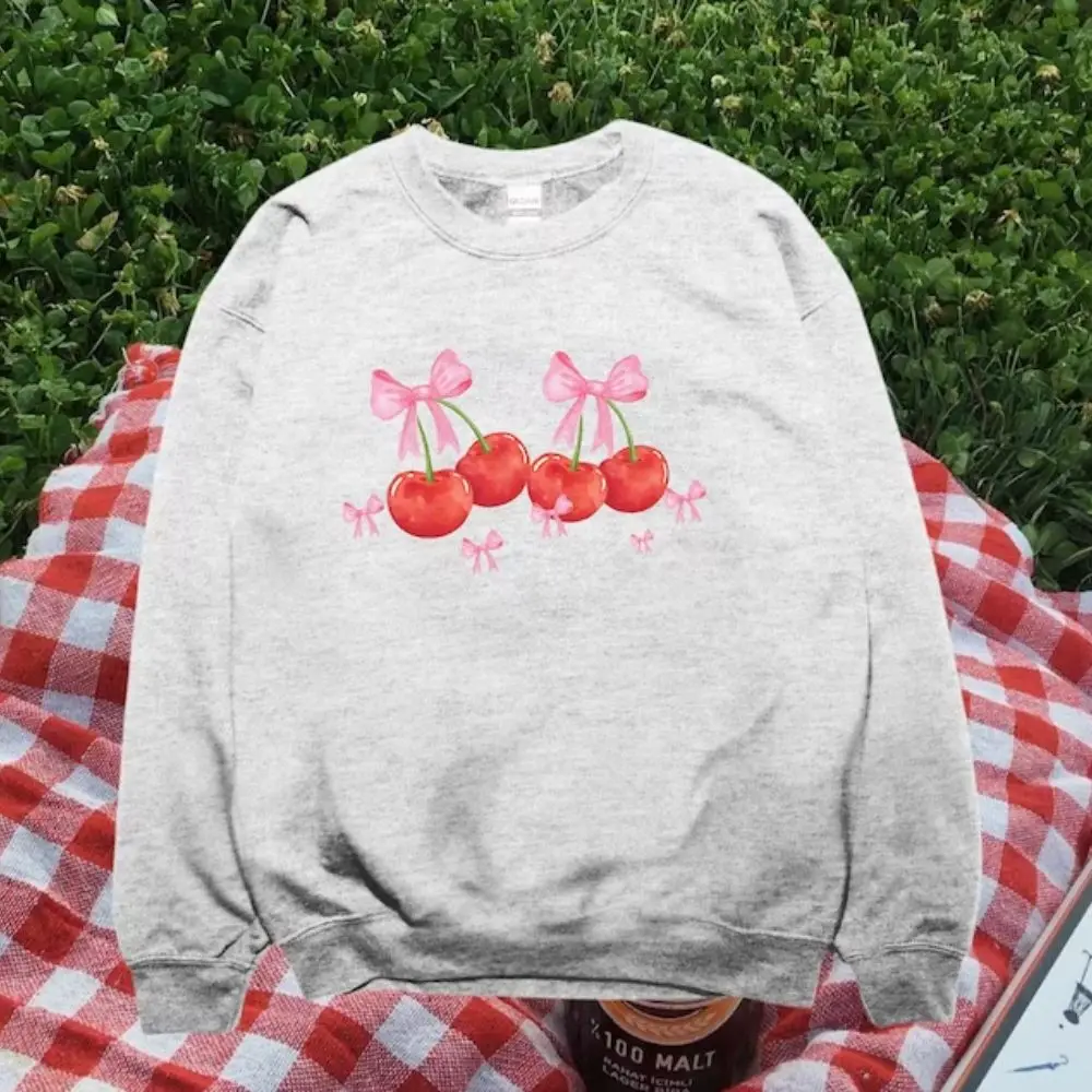 Cherry Coquette Fruit Sweatshirt Trendy Crewneck Sweatshirt Kawaii Pullover Tee Y2K Aesthetic Comfort Harajuku Fashion Shirt