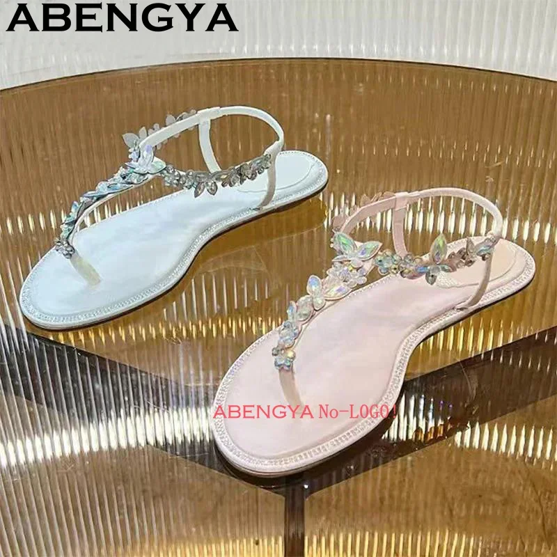 ABENGYA 2025 Summer New Women's Flat Flip Flops Beach Sandals European Style Casual Clip Toe Rhinestone Sandals Femme Slides