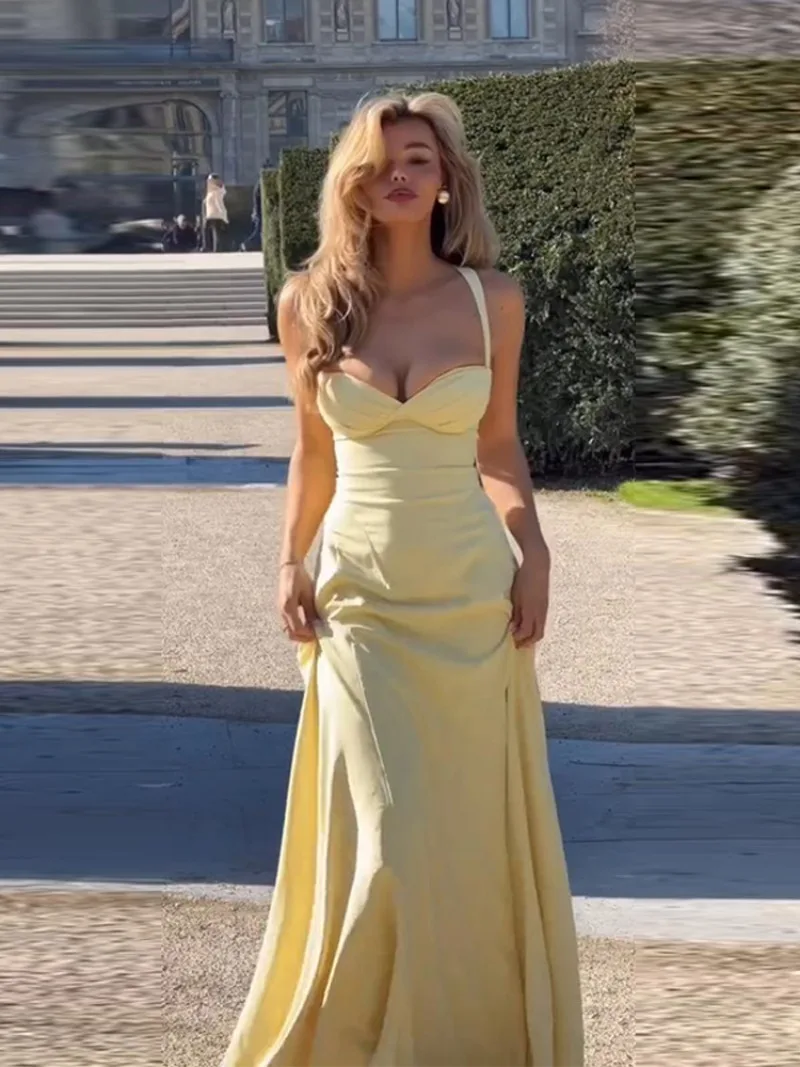 

Women Satin Maxi Dress Spaghetti Strap Ruched Bust High Waist A-line Flare Skirt Elegant Formal Evening Party 2026 Chic Outfits