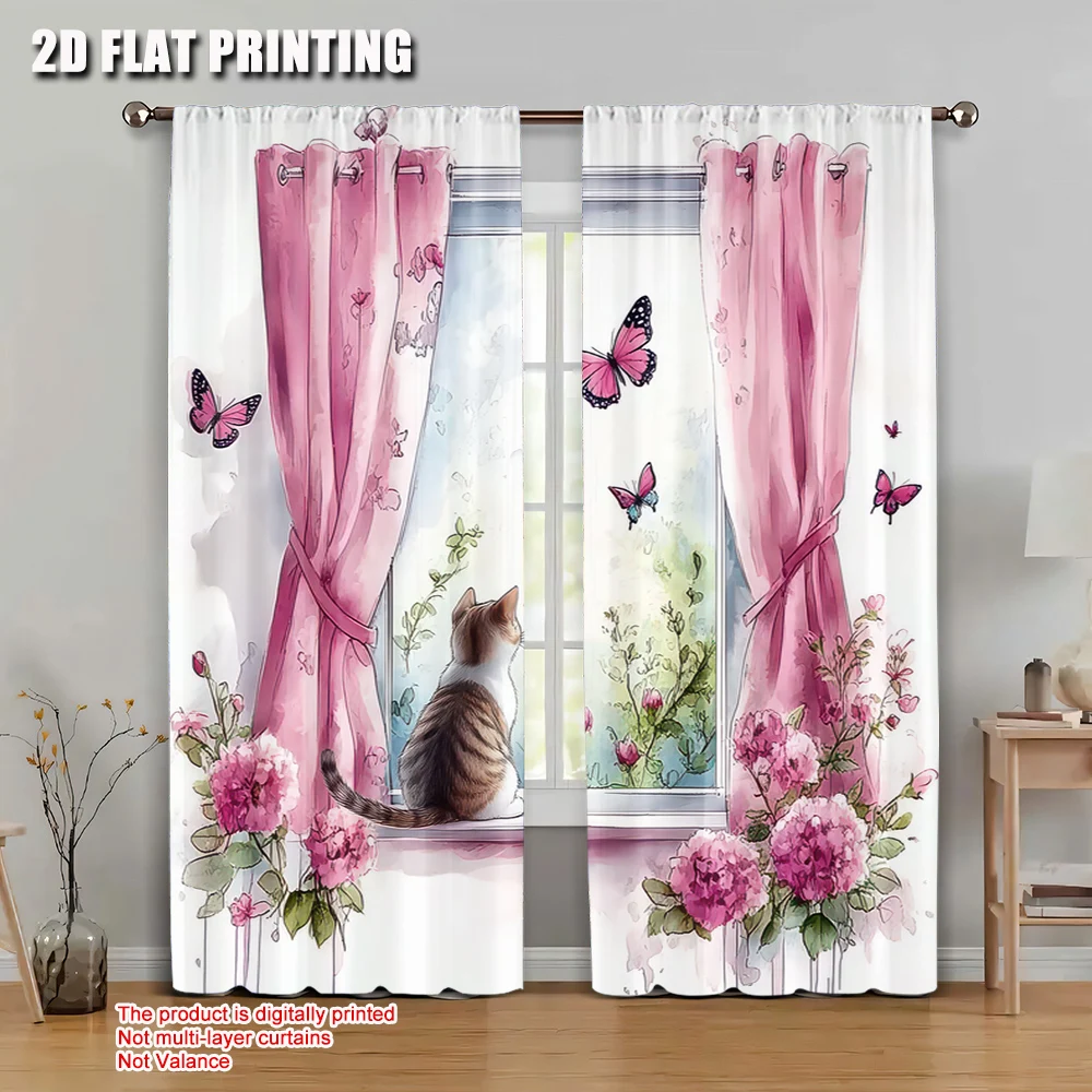 2pcs 2D flat printing Curtain Scene Animal Cat Versatile Fabric Without Electricity Versatile for room decor aesthetic