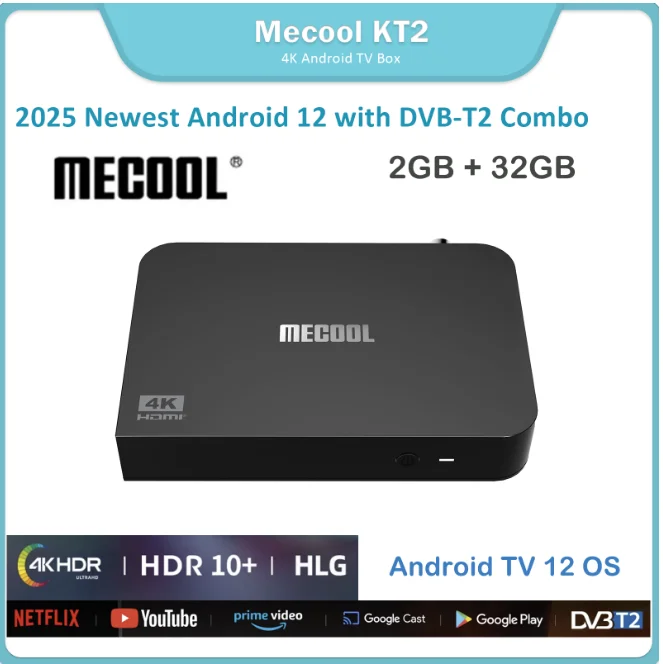 [Genuine] Newest MECOOL KT2 DVB-T2 TV Box Best Android12 Smart TV Box Google Netflix Certified ATV 100M 4K WIFI 2.4G/5G 2T2R DVB