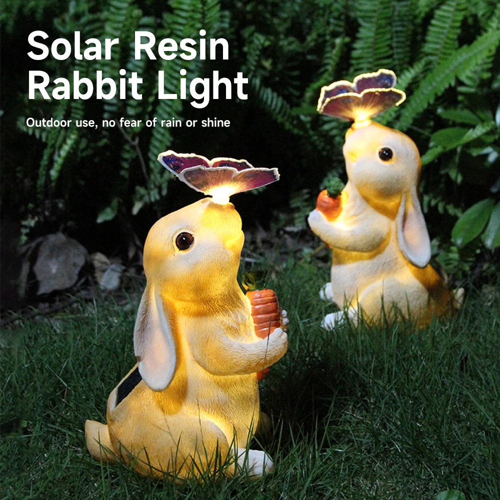 Solar Bunny Statue Garden Decor with Butterfly LED Light Resin Animal Sculpture Figurine Outdoor Decoration for Garden Courtyard