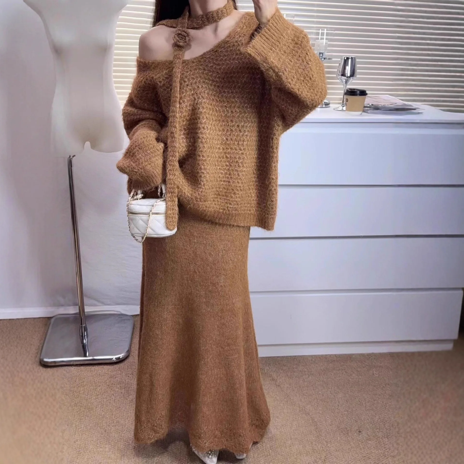 

Two Pieces Women Knitted Dress Set Solid Sweater Sets V Neck Pullover Jumpers Ankle Lenth Skirt Loose Casual 2025 Autumn Winter