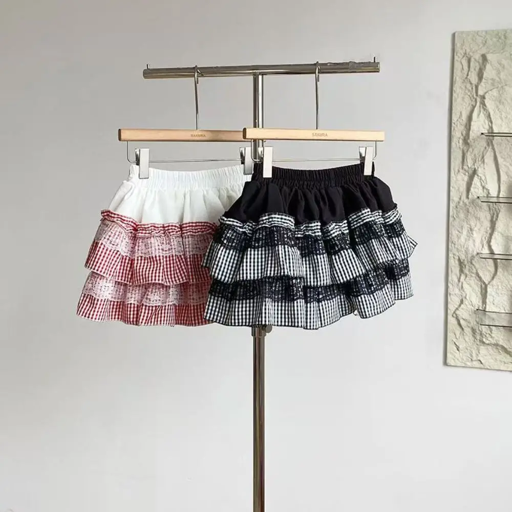 スイートロリータ レース格子柄ケーキスカート チェック柄 ストライプ ハイウエスト JK Aライン ショートスカート 多層スイートレースプリーツミニスカート ガールズ