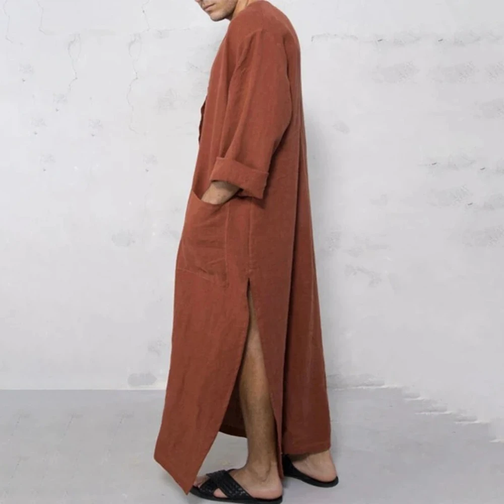 Men's Jubba Thobe - Middle Eastern Cotton Blend Long Robe Loose Fit with Buttons Pockets Comfortable for Eid/Ramadan/Daily Wear