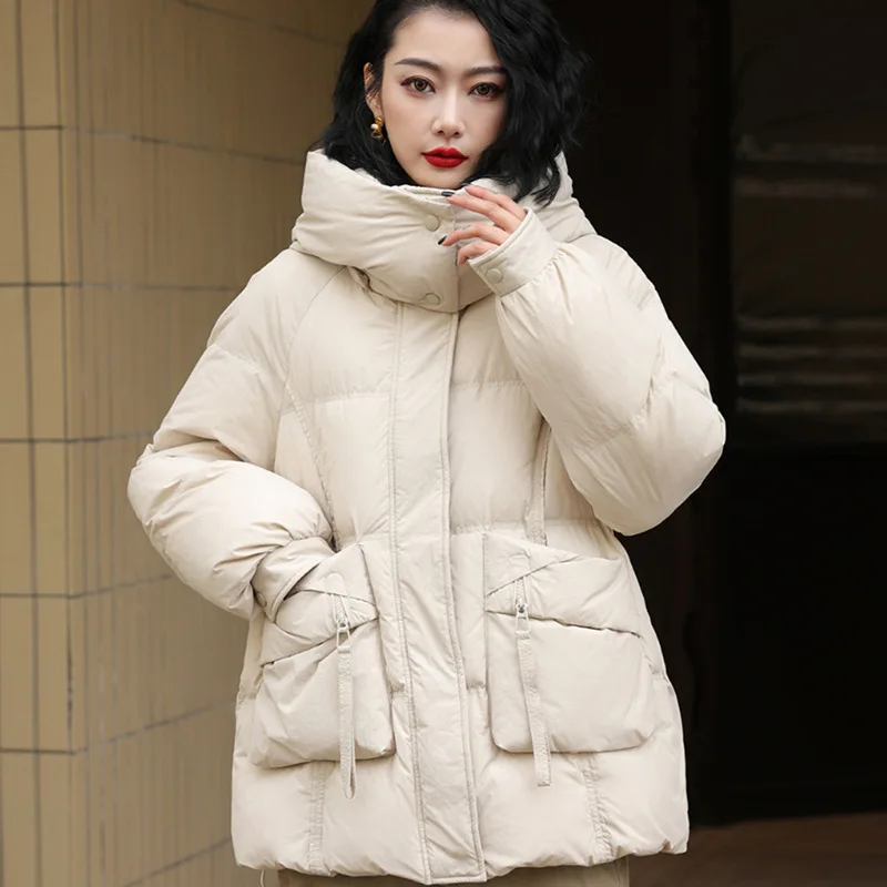 

Down Jacket Female Winter New Thickened Warm White Duck Down Hooded Casual Versatile Fashion Loose Medium-length Jacket