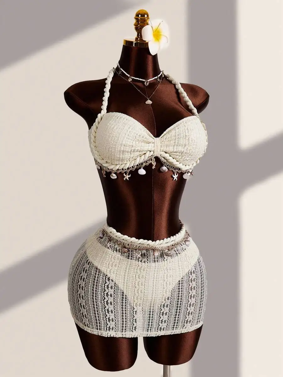 Zestiva Women's Cream Crochet 3 Piece Bikini Set With Mini Skirt,Summer Beach Boho Holiday Solid Color Starfish & Shell Pendant