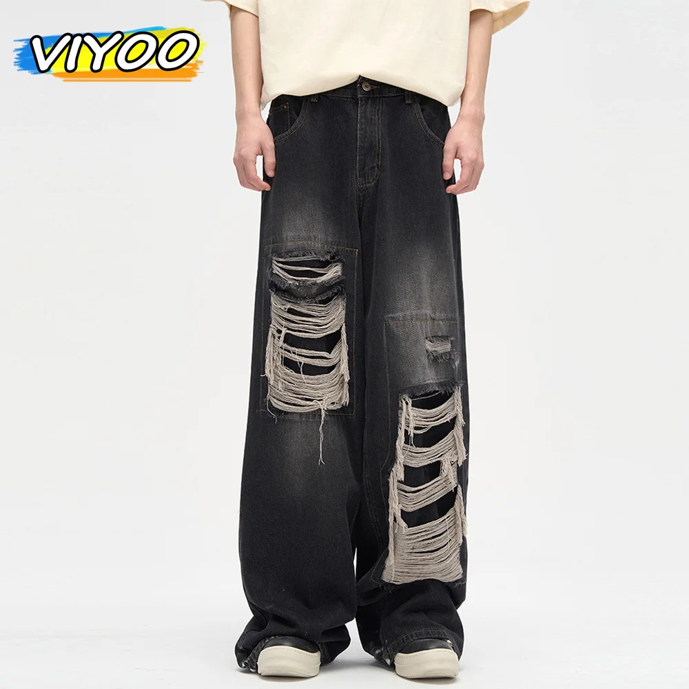 Men's Ripped Black Jeans Harajuku Wide Leg Pants Denim Baggy Y2K Cargo Pants Streetwear Koean Style Clothes Gothic