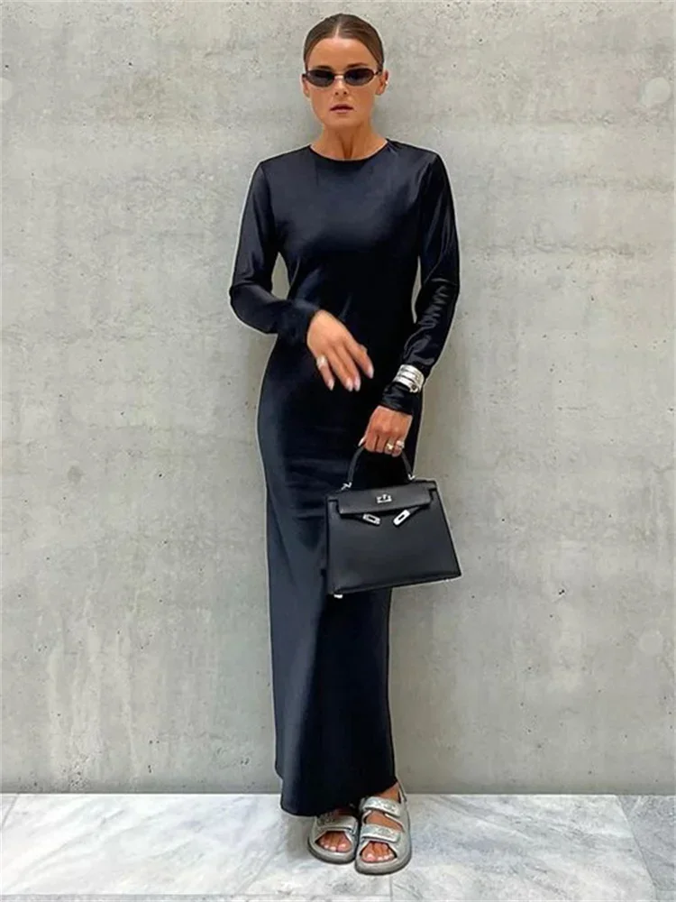 فستان ماكسي أنيق من الساتان المجوف للنساء بخصر عالٍ ورقبة سكوب نحيفة وأكمام طويلة فستان حفلات بسحاب صيفي #3