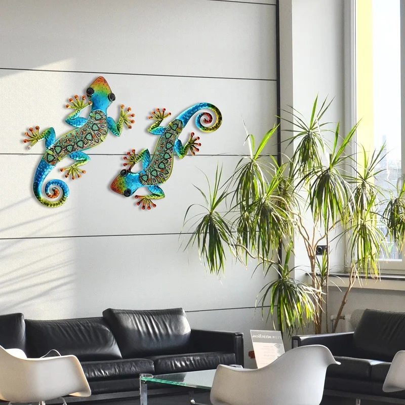 Decoración de pared de Gecko de metal, arte de jardín de lagarto, escultura de vidrio colgante, interior y exterior, cerca de terraza, 3 colores, 2