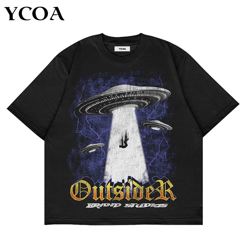

Men's T-Shirt Cotton UFO Graphic Oversized Tees Short Sleeves Print Korean Summer Y2k Streetwear Tops Harajuku Vintage Clothing