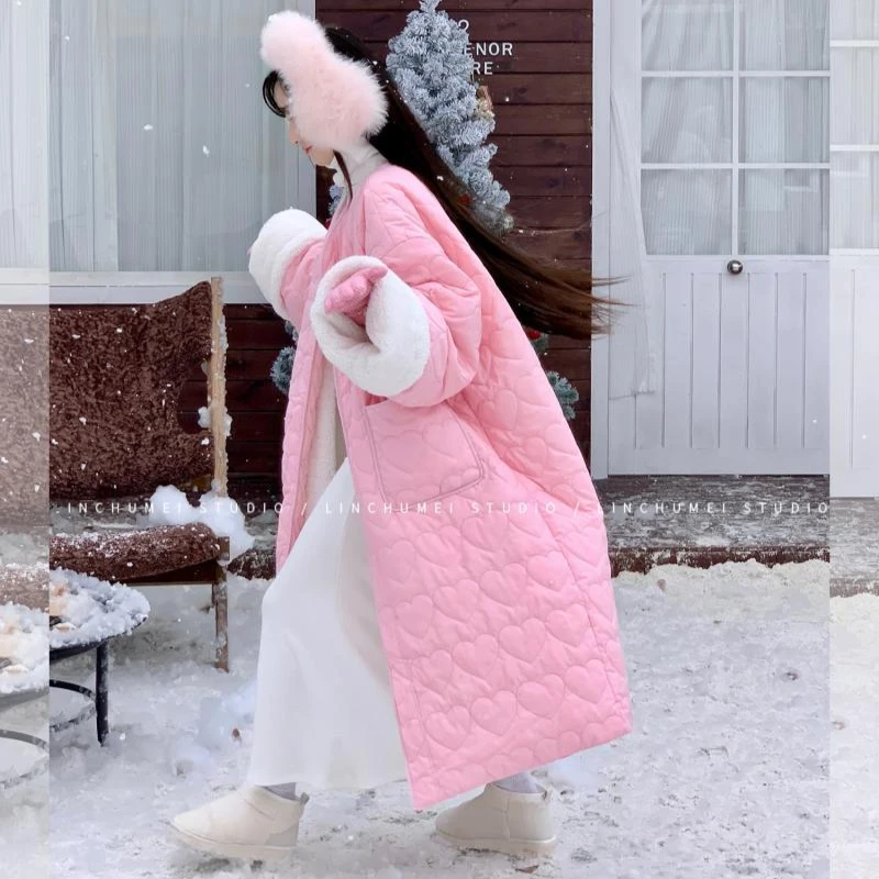 Korean Fashion Pink Long Cotton Jacket Women Winter New Super Loose Casual Sweet Love Heart Quilted Outerwear Large Pockets Coat