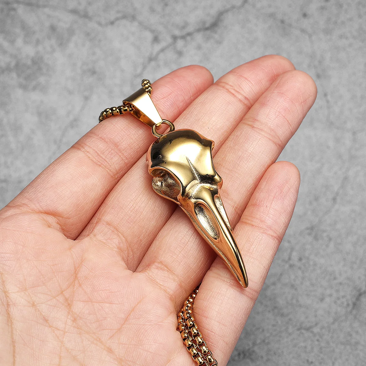 Gold Plated Raven Skull Pendant Necklace Gothic Stainless Steel Crow Skull Amulet Biker Chain Punk Jewelry Gift for Men Women