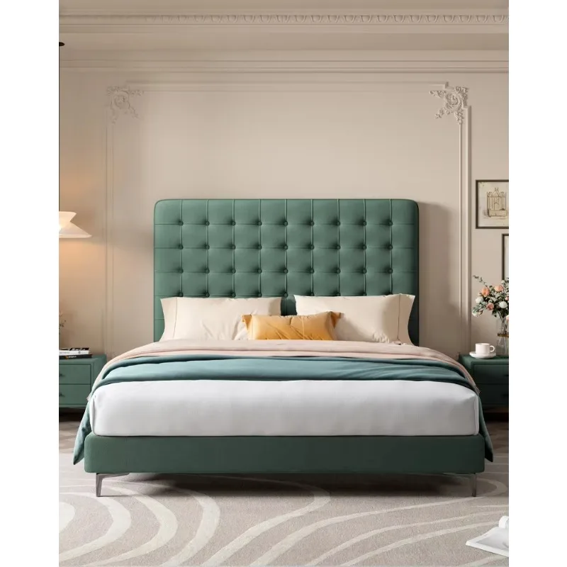 LMM French light luxury fabric double bed pull button master bedroom modern simple cream