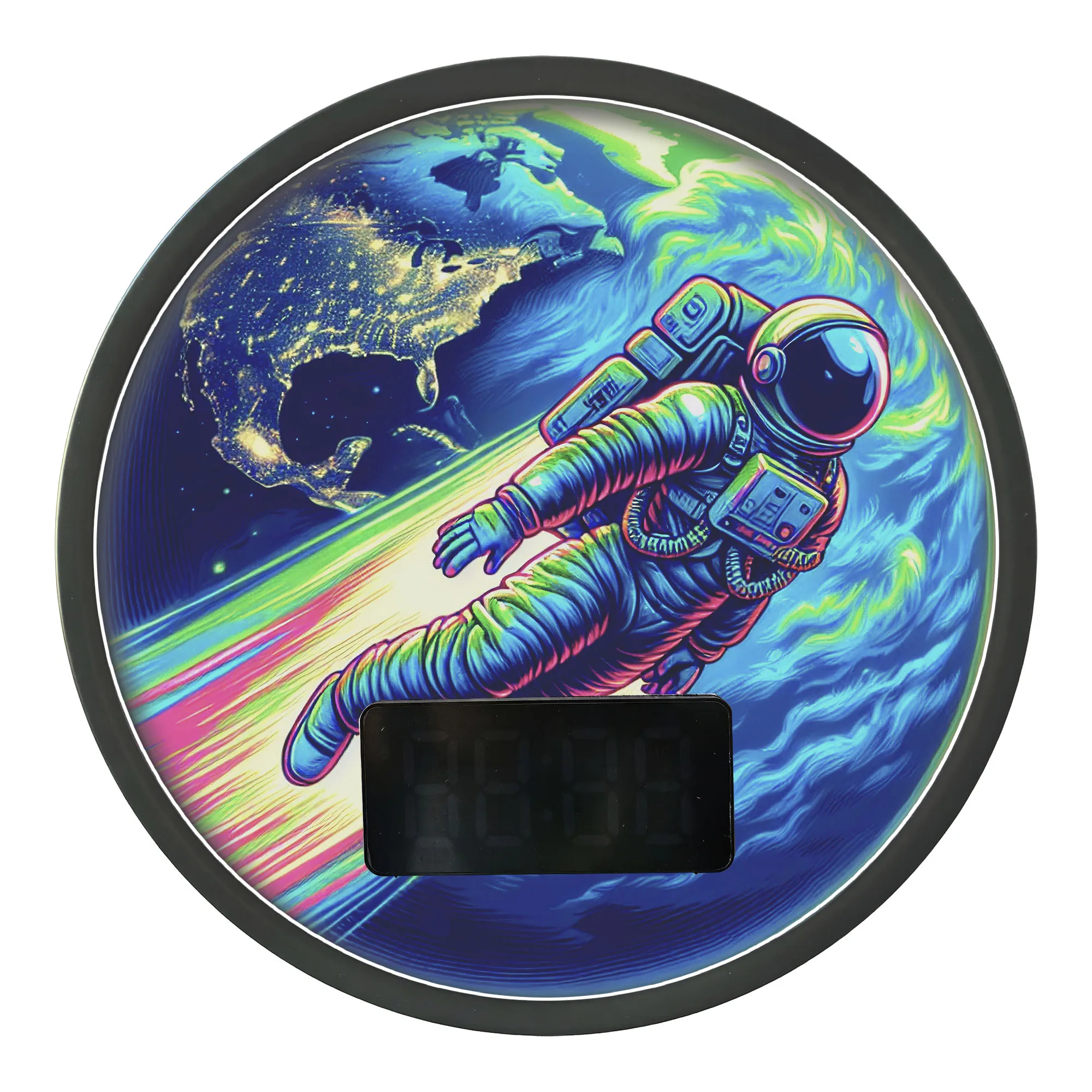Astronaut Flying on Earth LED Digital Wall Clock with Temperature Calendar Date Cosmic Outer Space Home Decor Backlit Wall Clock