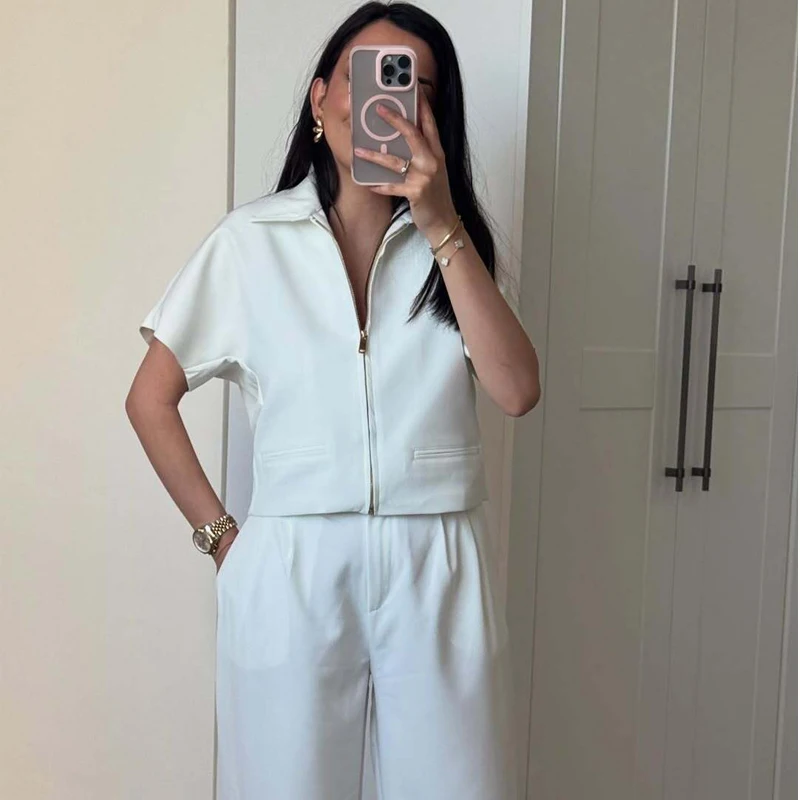 

Cropped Jacket For Women Fashion With Zipper Short Sleeve Slim Jackets Coats 2025 New Summer Elegant Casual Holiday Outerwears