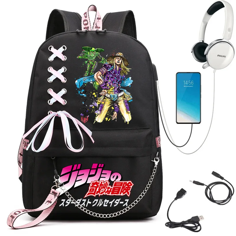 JOJO's Bizarre Adventure Anime USB Backpack School Book Bags Travel Bags Laptop Chain Headphone Bag Gift