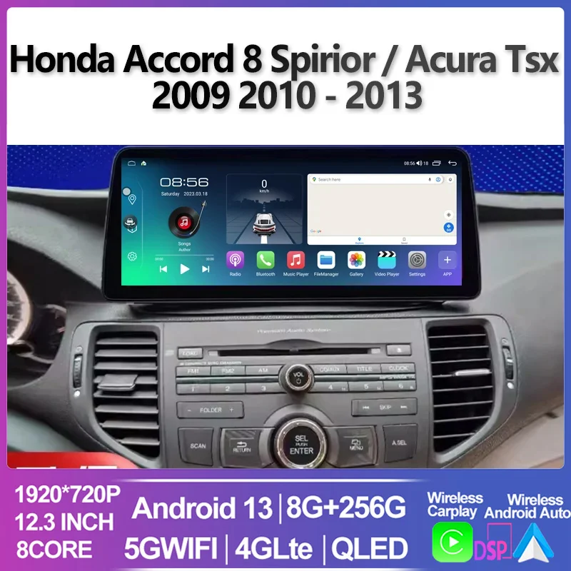 Android 13 Car Radio Multimedia Player, Auto Carplay, tela estéreo, GPS, apto para Honda Accord 8 Spirior, Acura Tsx 2009 2010-2013