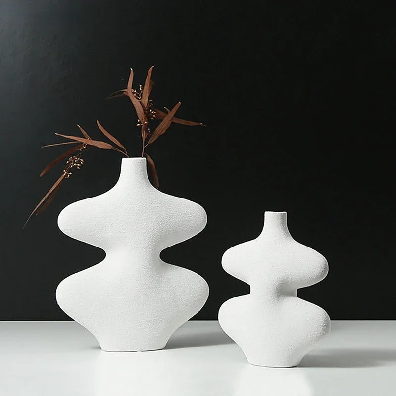 White Ceramic Vase Geometric Shape Calabash Black and Crafts Flower Arrangement Home Decoration Accessories Vases Pots