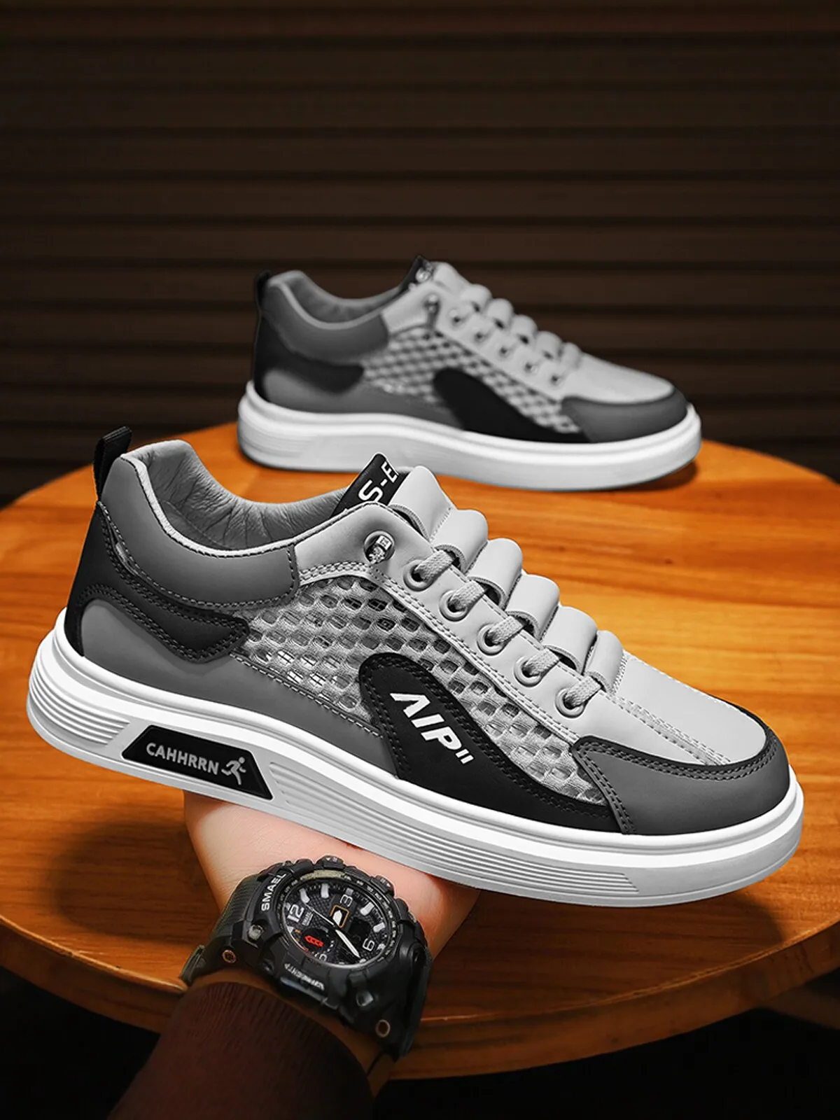 Men's Sporty Thin Breathable Casual Shoes Fashionable Fall Collection Slip-On Leather Upgraded Mesh Comfortable All-Match Sne...