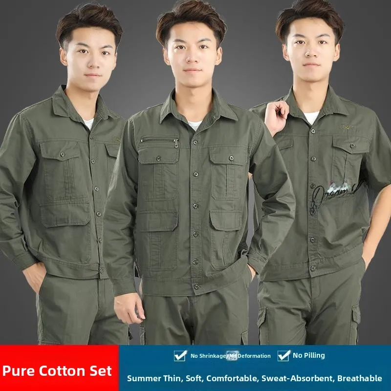 

Летний рабочий комплект из чистого хлопка для мужчин: тонкий, дышащий, с длинными и короткими рукавами, защита от ожогов при сварке, для защиты рук.