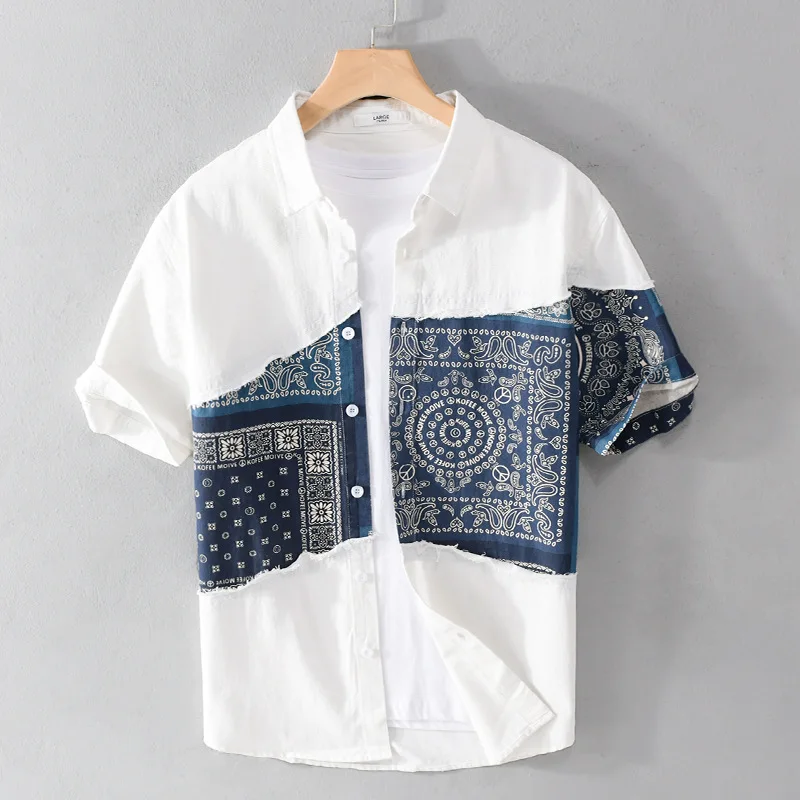 Summer New Men's Cotton 100% Print Shirts For Hawaii Luxury Short Sleeve Lapel Tops Casual Street Color Matching Loose Clothing