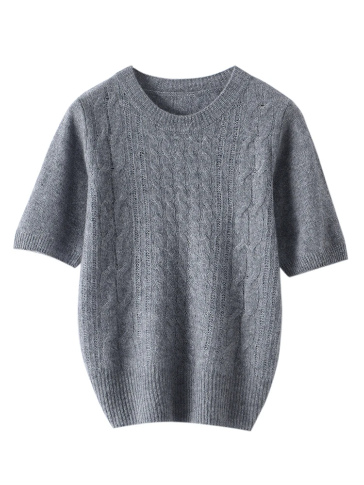 High-end Women Cashmere Sweaters O-neck Half-Sleeve Twist Pullover T-shirt 100% Cashmere Knitwear Spring Summer Female Tops