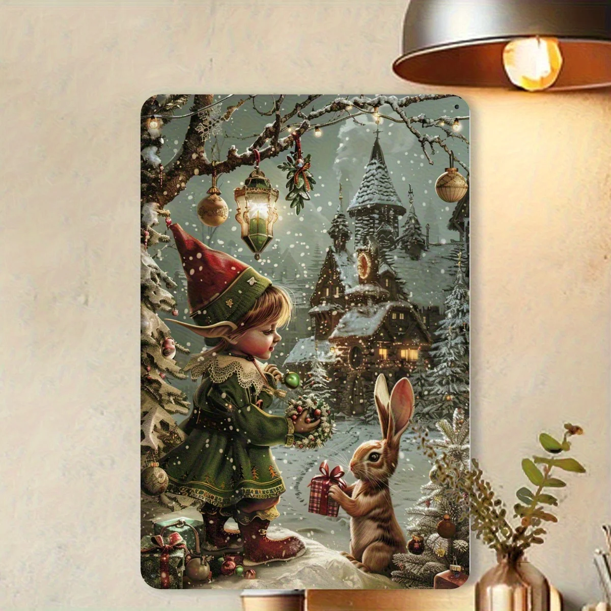 1-Piece Vintage Christmas Elf and Rabbit Iron Sign—Rural Metal Wall Art, Featuring a Snowy Village Scene, Holiday Cottage, and Coffee