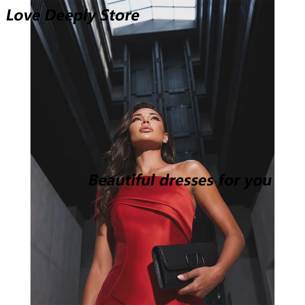 Red Evening Dress Customized One Shoulder Pleat Satin Mermaid Prom Gown Floor Length Party Dresses Wedding Guest Dress image 5