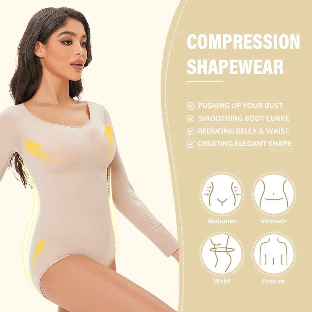 POKARLA Spandex Elastic Body Suit Shapewear Women Body Shaper Tummy Control Long Sleeve Open Crotch Round Neck Seamless Shapers