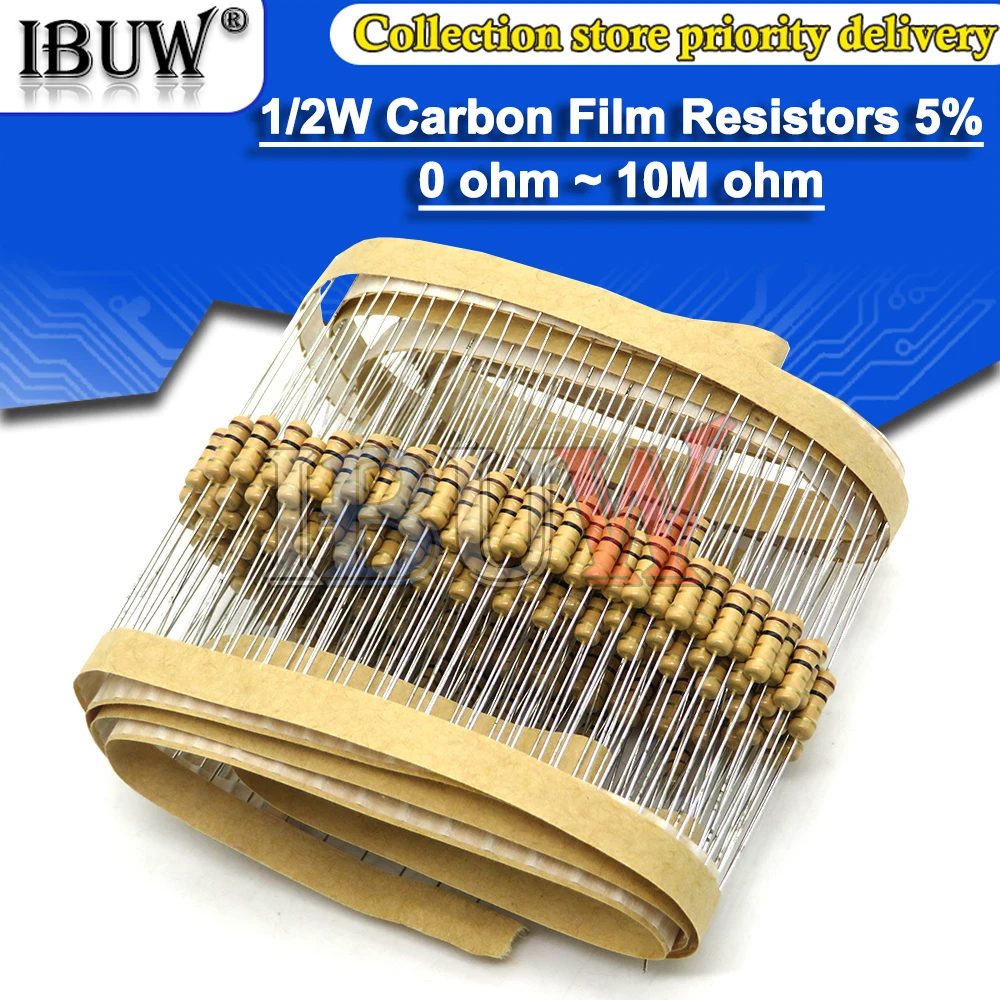 50pcs 1/2W Carbon Film Resistors  1R~2.2M 100R 220R 330R 1K 5% 2.2K 3.3K 4.7K 10K 22K 47K 100K 100 220 330 1K5 2K2 3K3 4K7 ohm