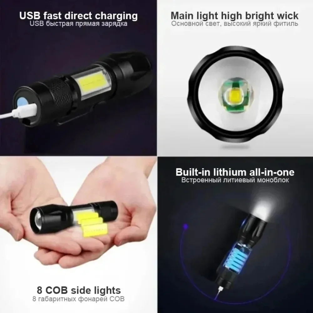 Mini Tactical LED High Power Flashlight Rechargeable Zoom Strong Waterproof Outdoor Camping Torch COB Side Lights 3 Modes